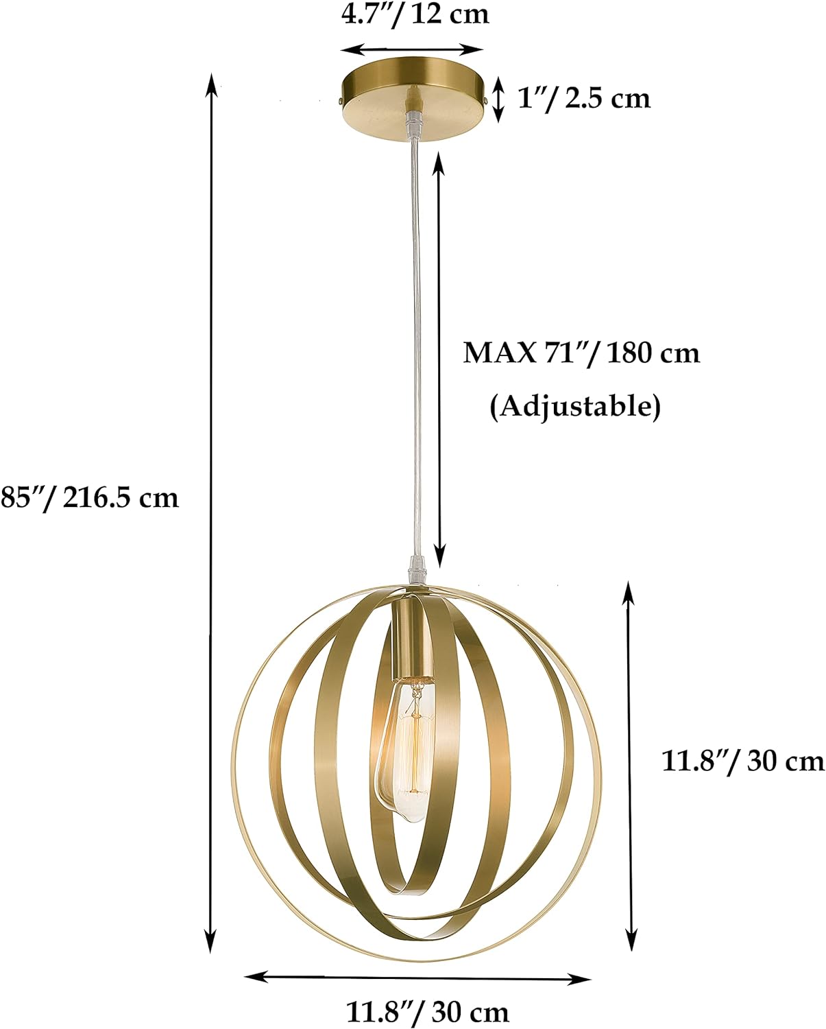 Anton Industrial Pendant Hanging Light Globe, Black/Gold, GH33B/GH33G