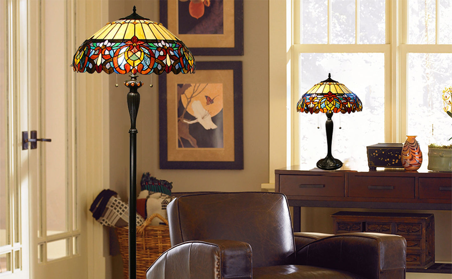 Delphinium Victorian Style Floor Lamp, Floral Tiffany-Style Stained Glass JF2082