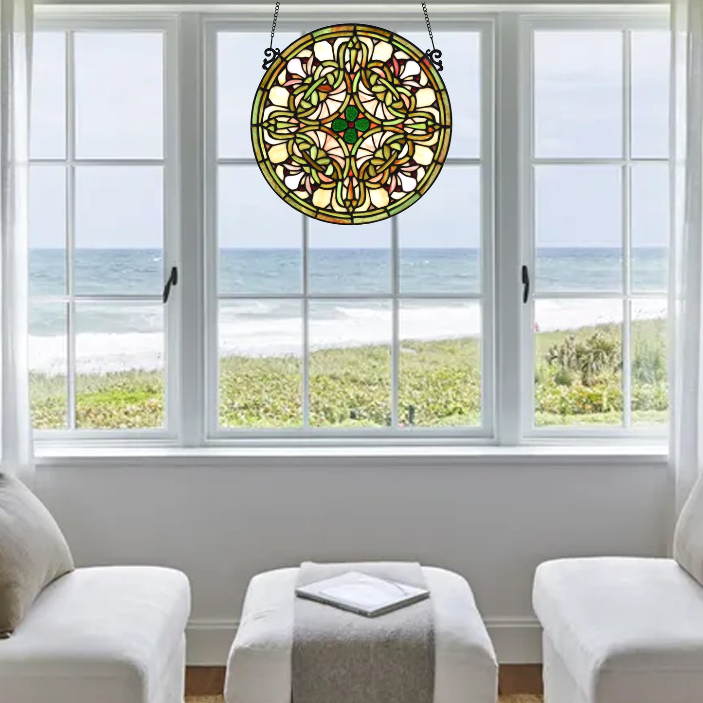Tree of Life Tiffany Style Stained Glass Window Panel 12" Diameter, KP122