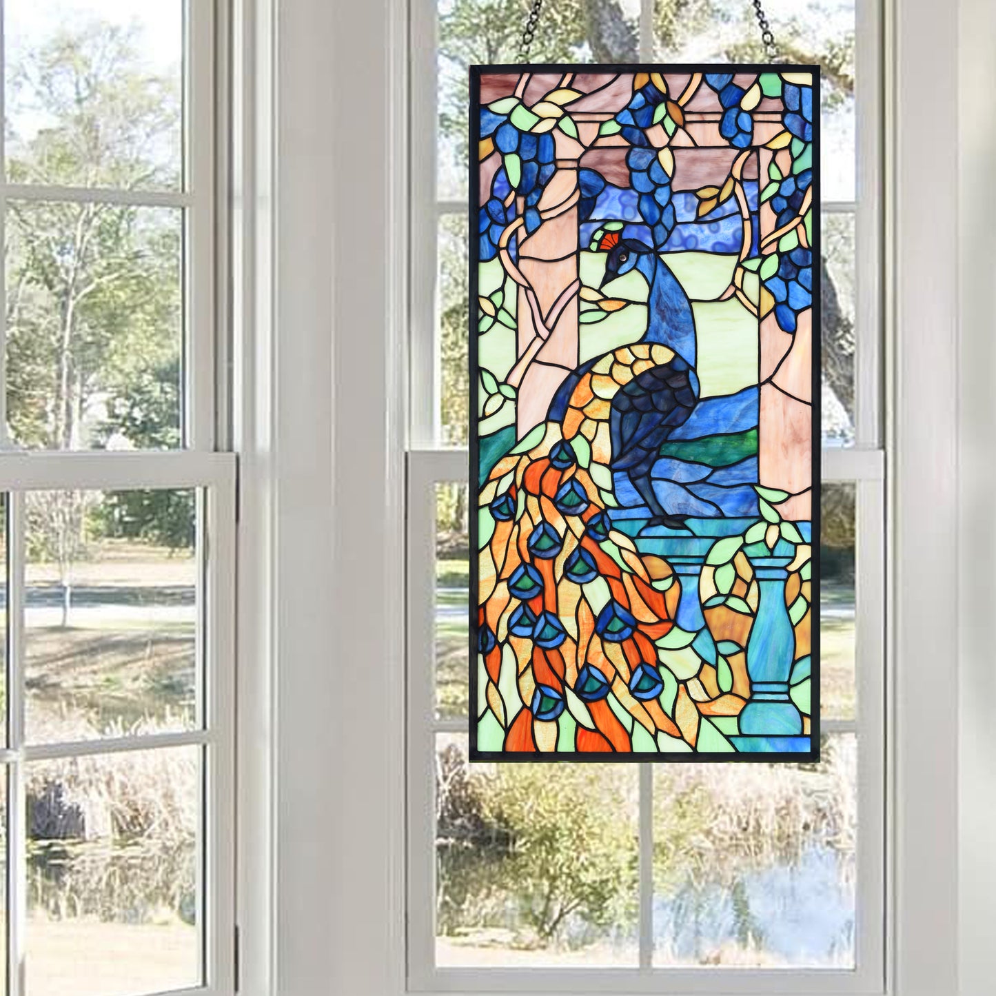 Peacock Tiffany Style Stained Glass Window Panel, KP315