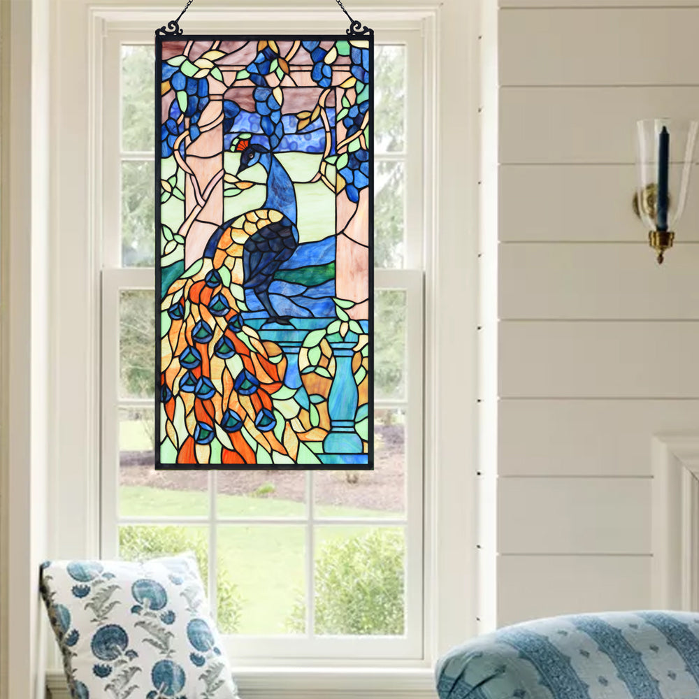 Peacock Tiffany Style Stained Glass Window Panel, KP315