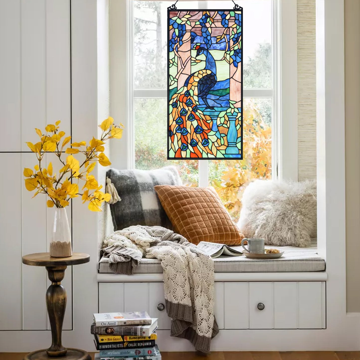 Peacock Tiffany Style Stained Glass Window Panel, KP315