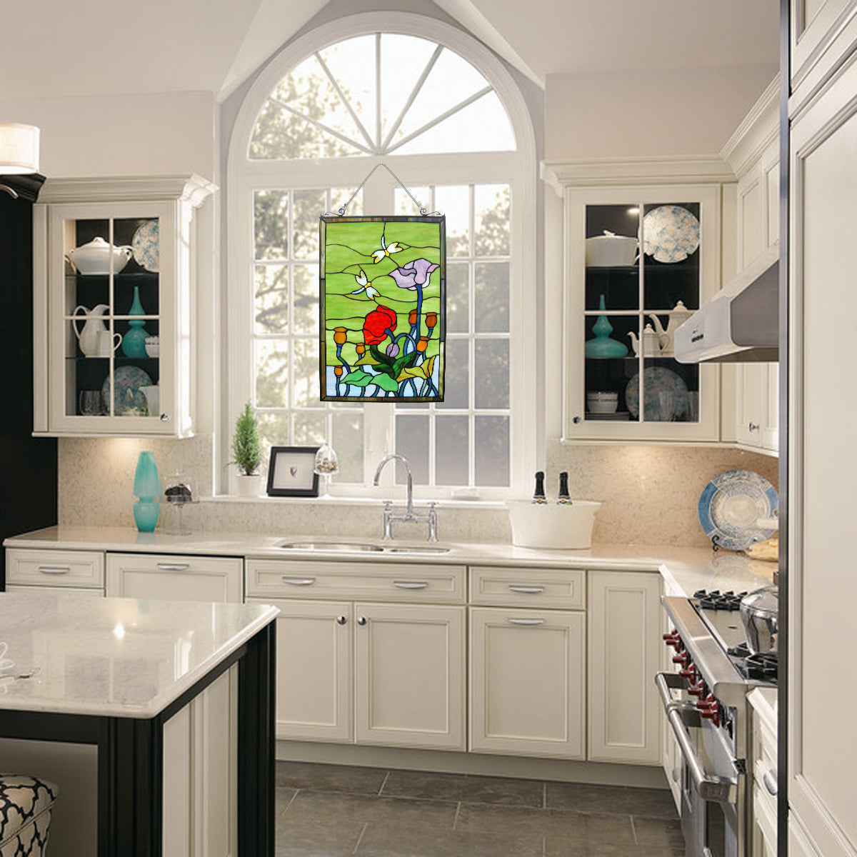 Tulip & Dragonflies Stained Glass Window Panel, P110