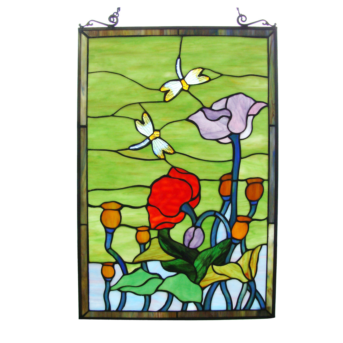 Tulip & Dragonflies Stained Glass Window Panel, P110