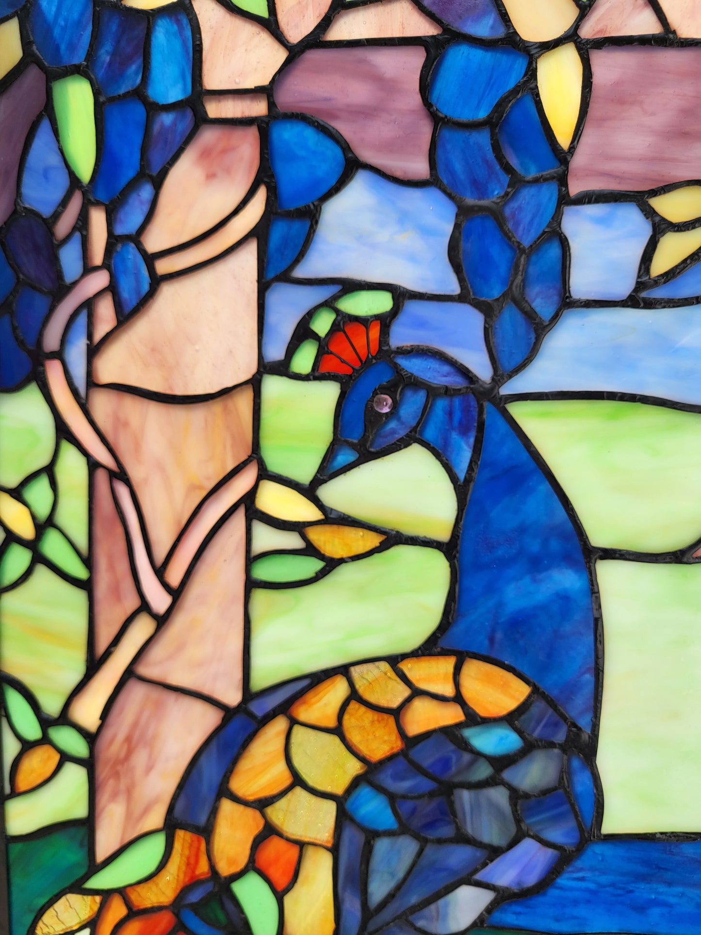 Peacock Tiffany Style Stained Glass Window Panel, KP315