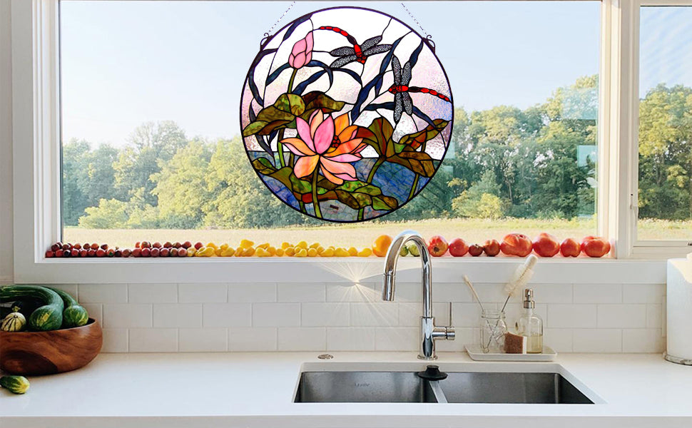 Dragonfly & Lotus Stained Glass Window Panel, P244