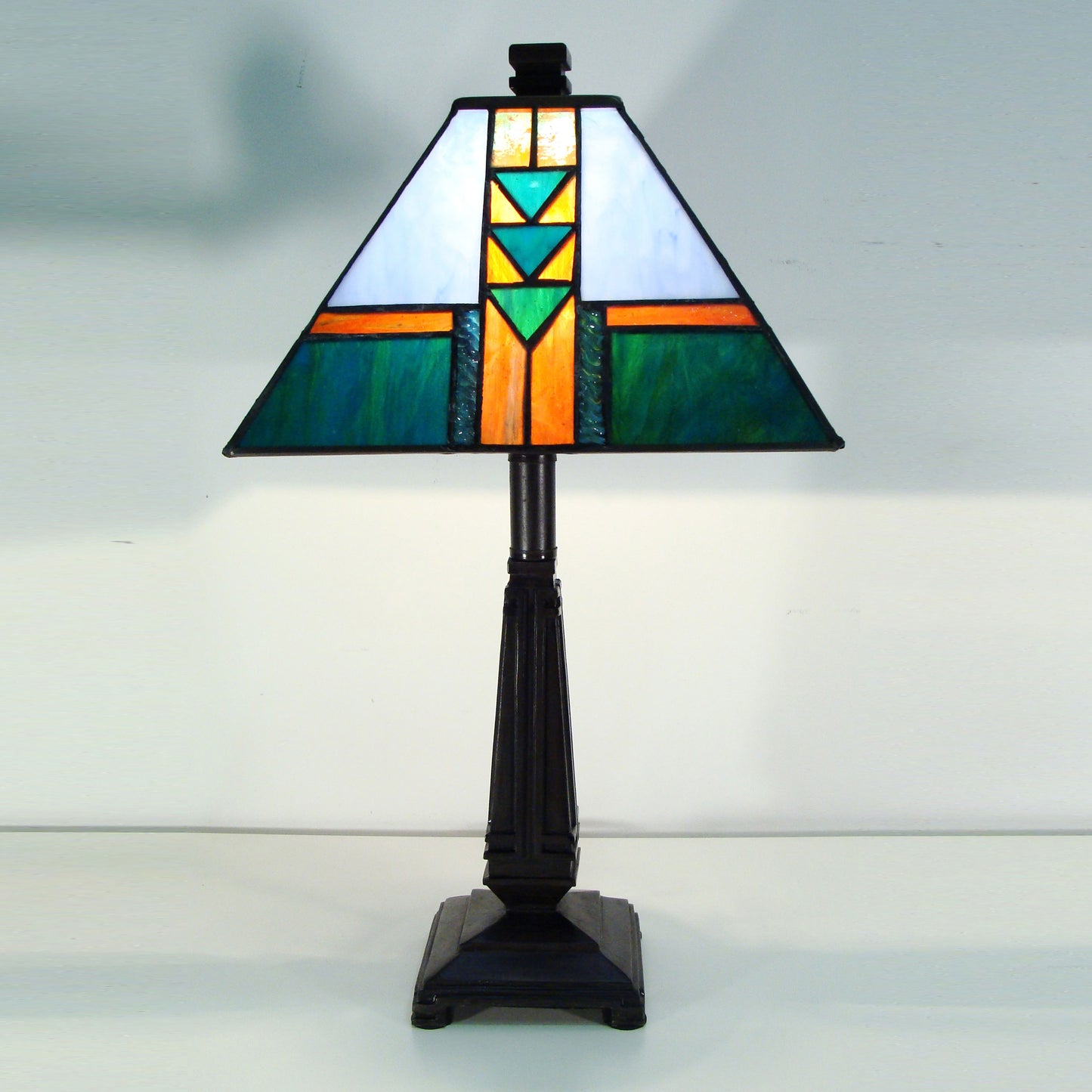 Frank Lloyd Wright Stained Glass Mission Table Lamp, 17" Blue