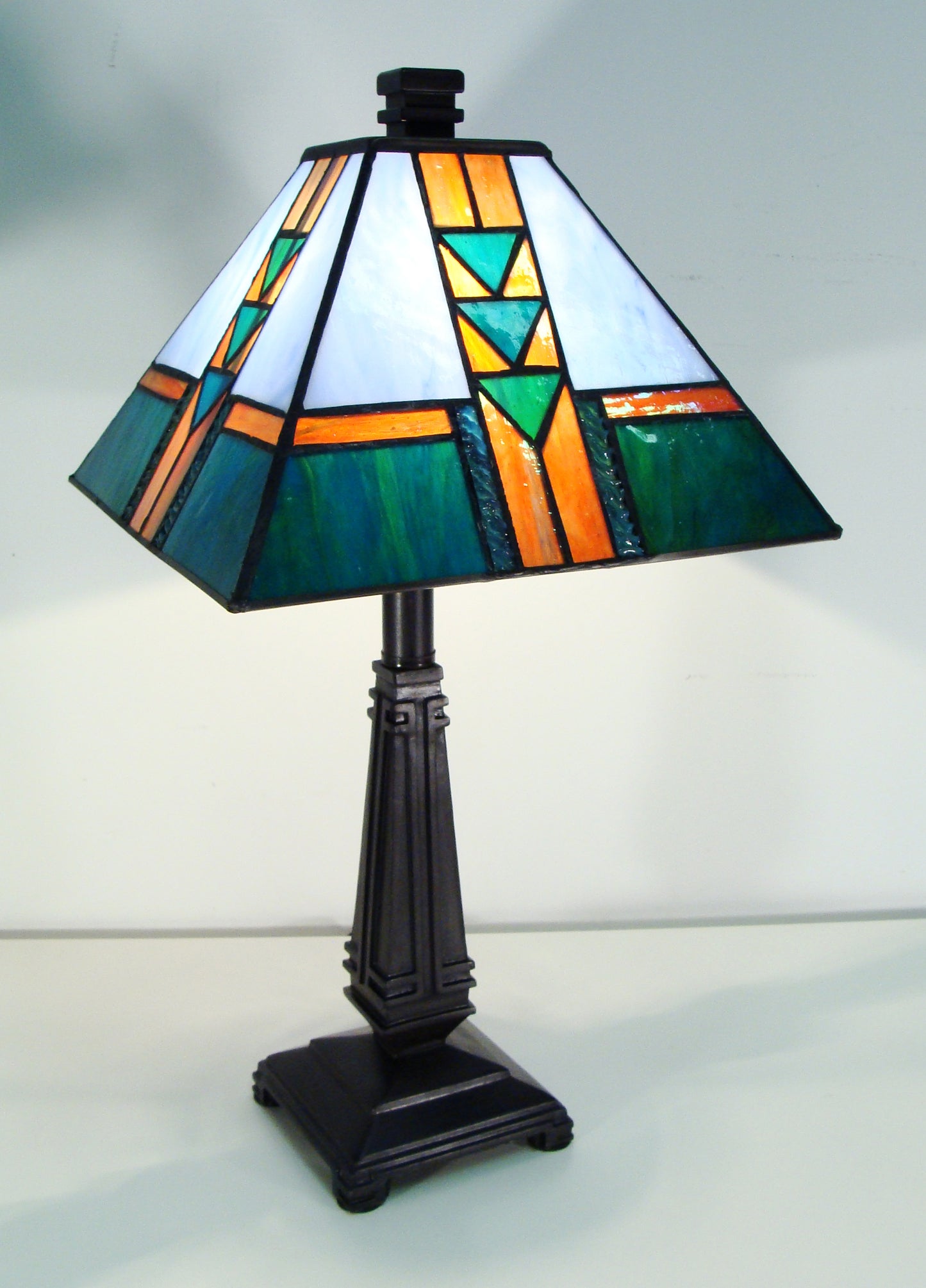 Frank Lloyd Wright Stained Glass Mission Table Lamp, 17" Blue
