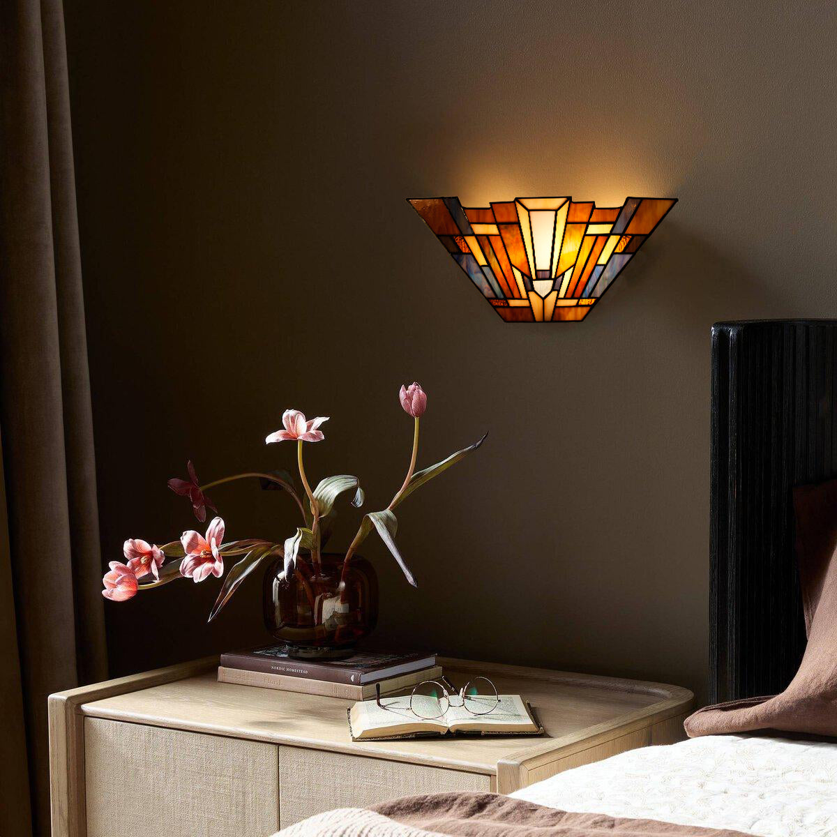 Stained Glass Wall Sconce, 2-Light Tiffany-Style Wall Sconce- JW1628 – 16” x 7” x 4”