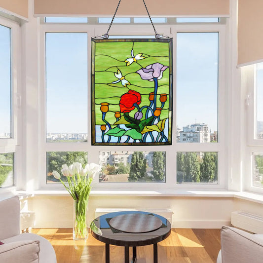 Tulip & Dragonflies Stained Glass Window Panel, P110