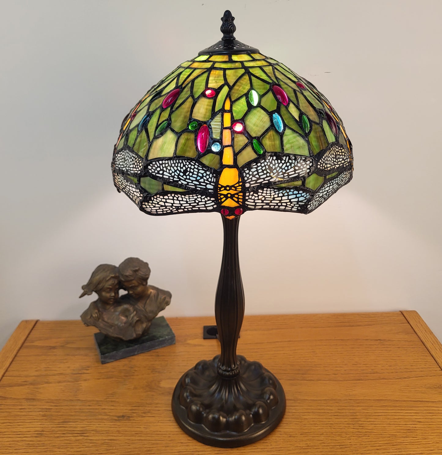 Tiffany Style Dragonfly Table Lam,  Green Stained Glass – T1295