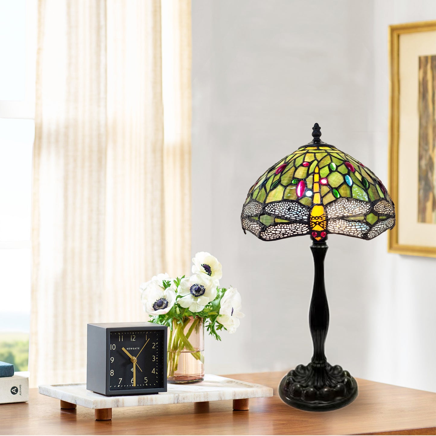 Tiffany Style Dragonfly Table Lam,  Green Stained Glass – T1295